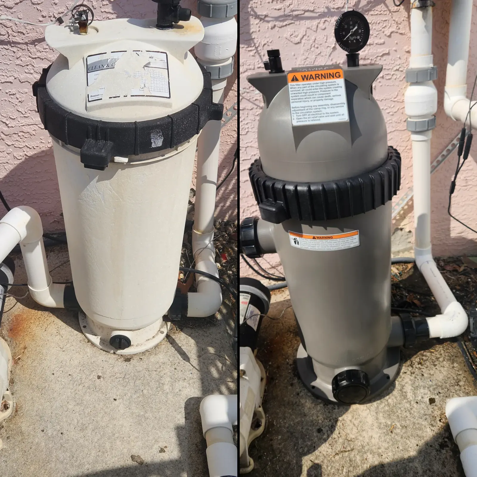 Before and after of an old pool filter replaced with a new cartridge filter in Spring Hill