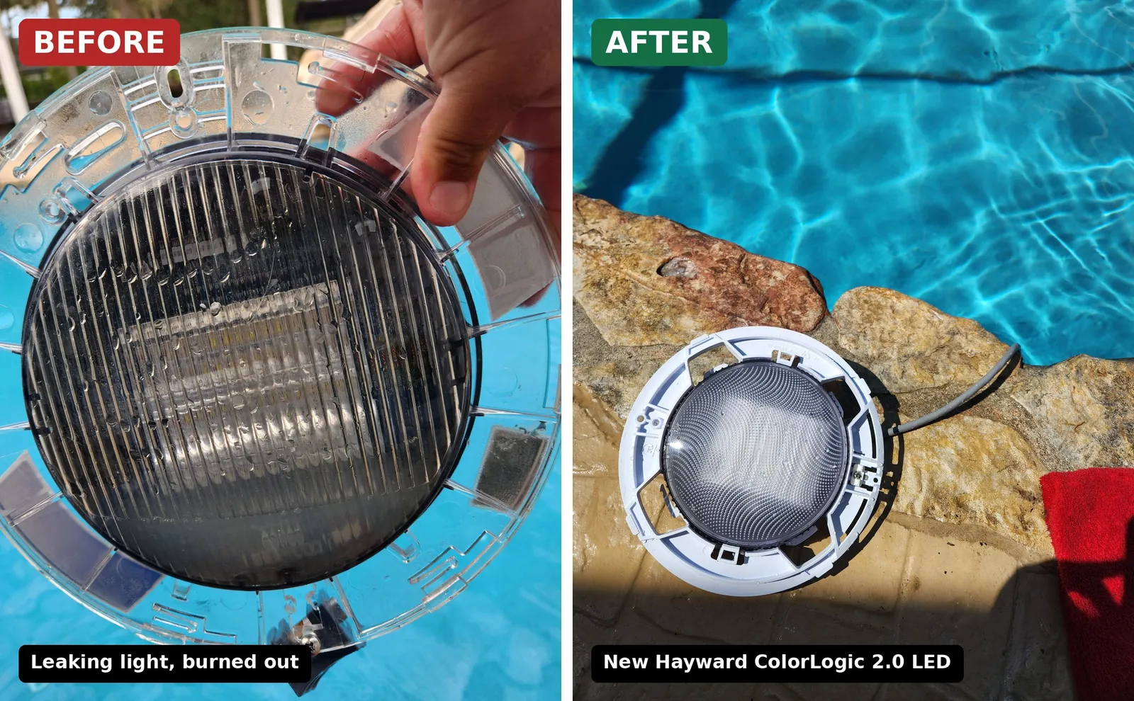 Before and after of a leaking, burned-out pool light replaced with a new Hayward ColorLogic 2.0 LED in Brooksville