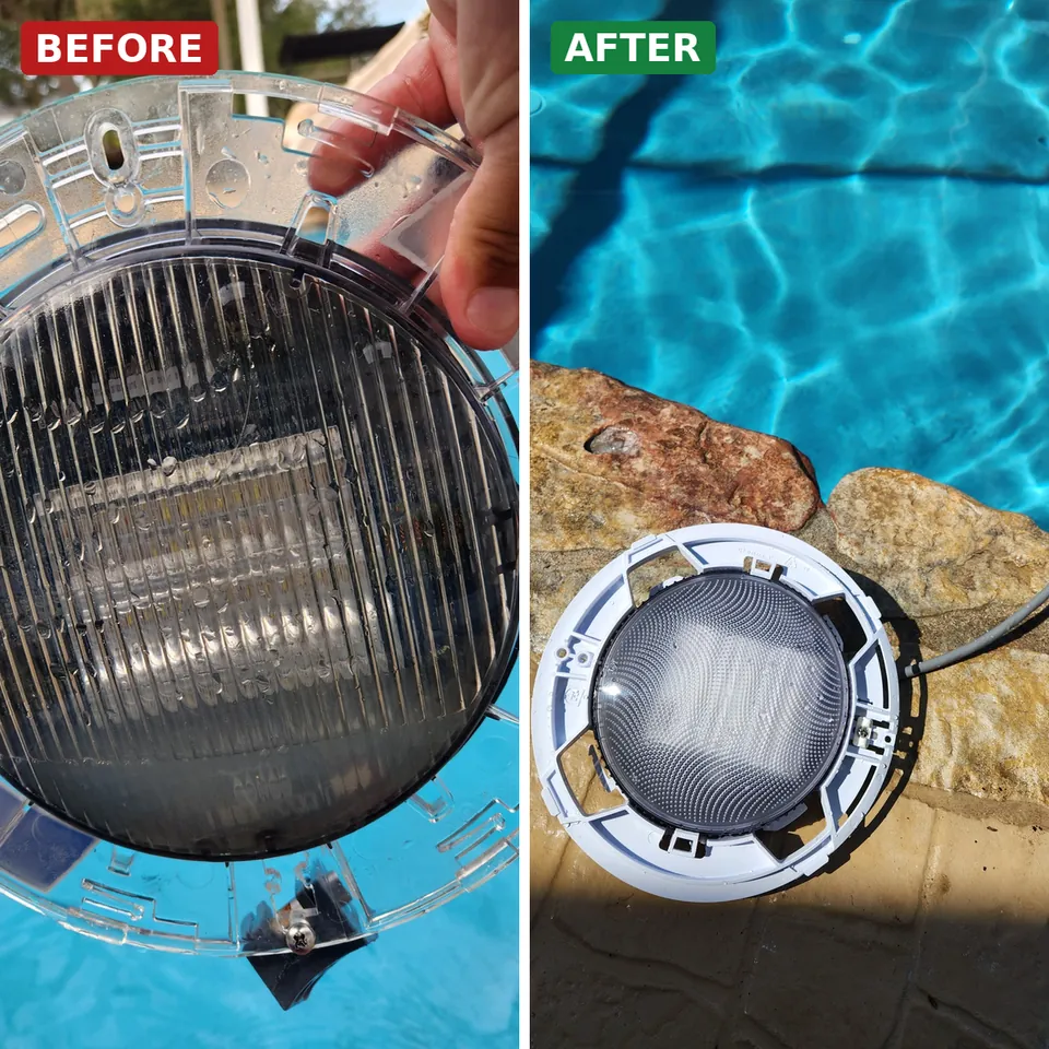 Before and after of a leaking pool light replaced with a new Hayward ColorLogic LED in Brooksville