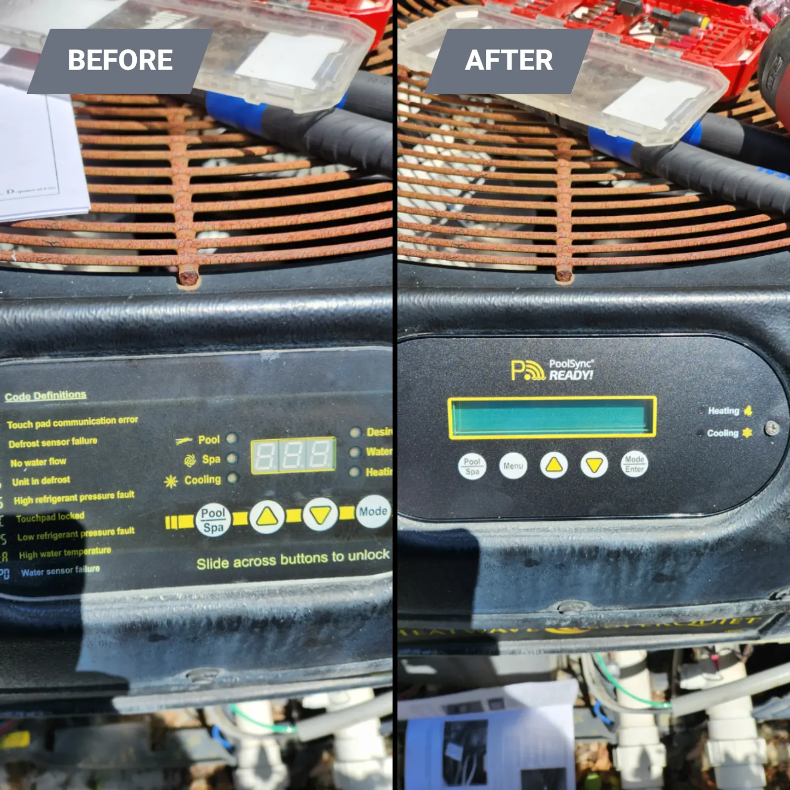 Before and after of a heat pump upgraded with a PoolSync-ready control in Weeki Wachee