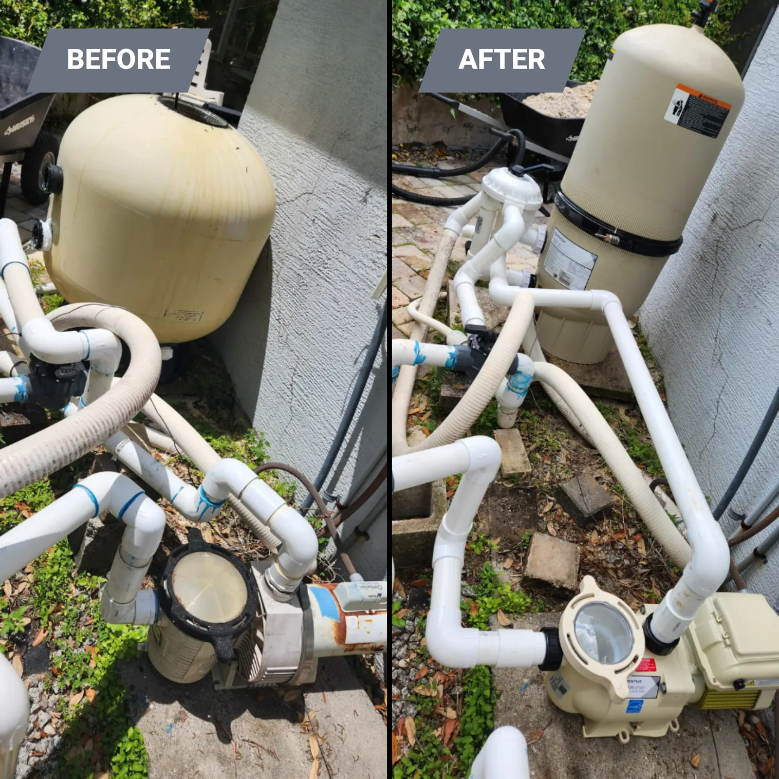 Before and after of a pool pump and sand-to-DE filter upgrade, re-plumbed, in Brooksville