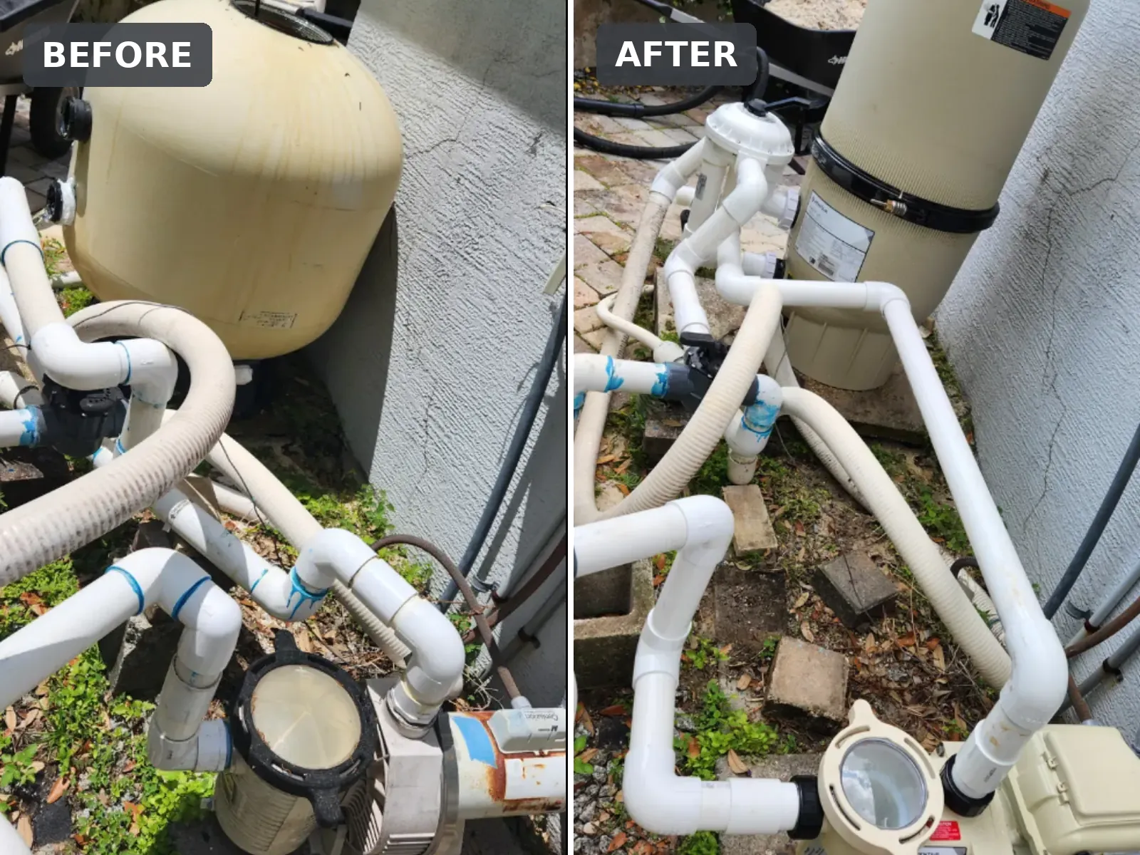 Before and after of a pool pump and sand-to-DE filter upgrade, re-plumbed, in Brooksville